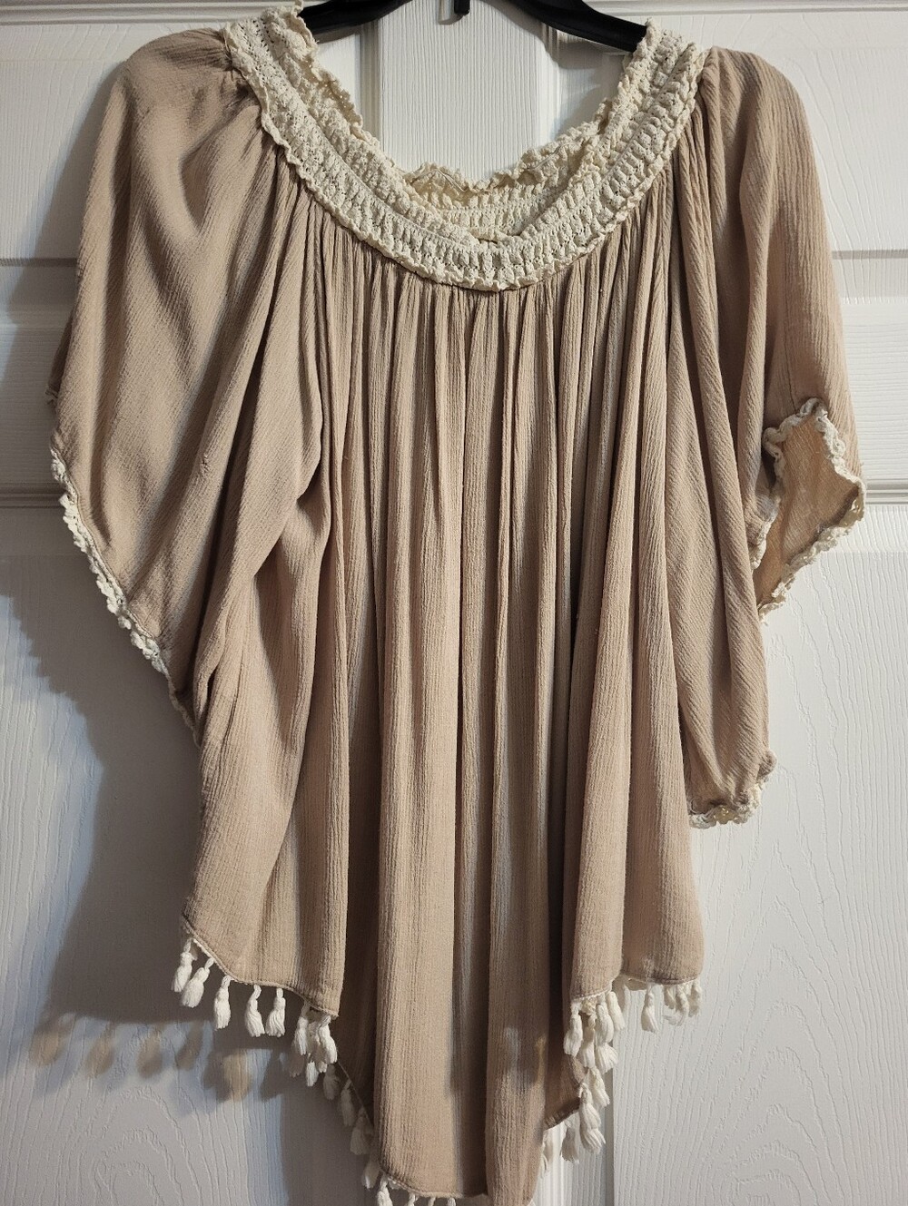 Beige Boho Tassel Women's Top - Lightweight Peasant Blouse